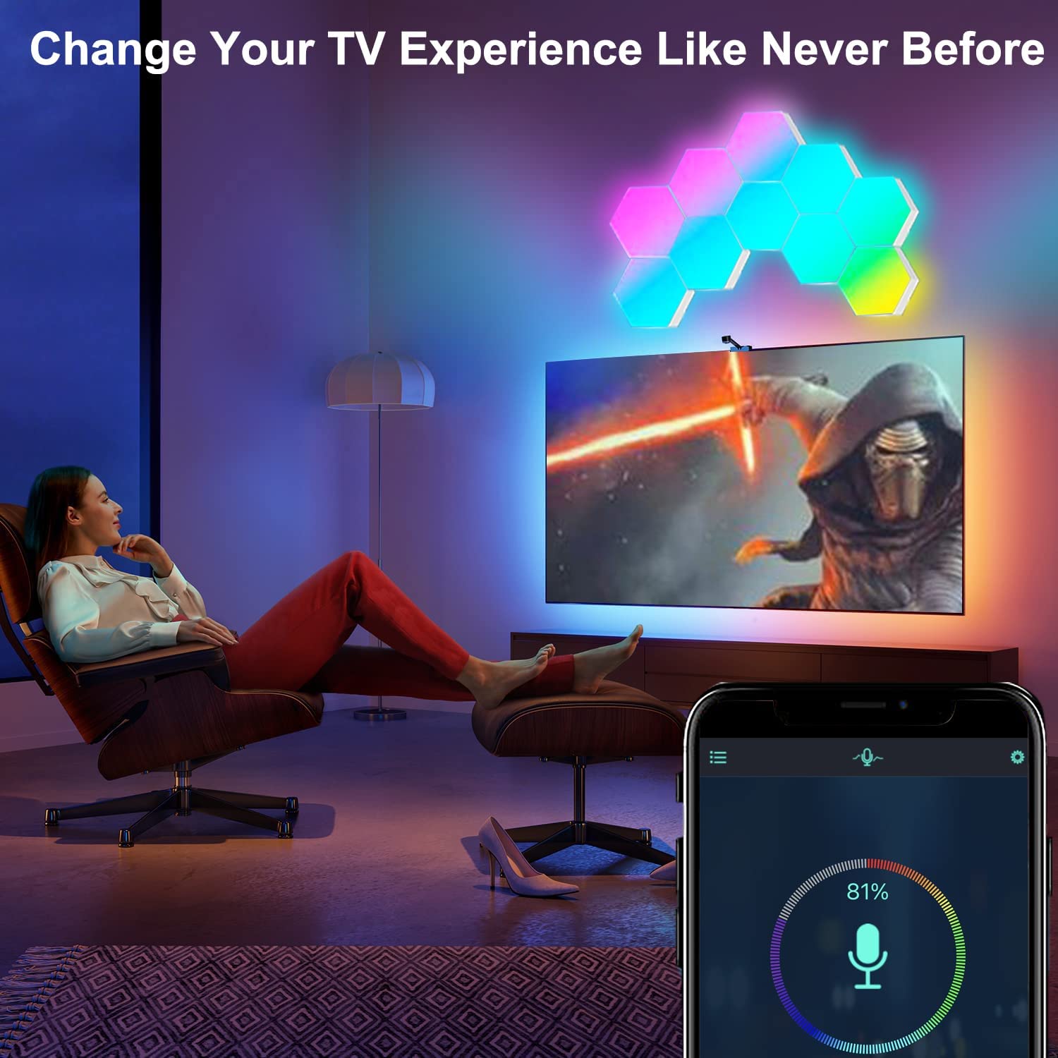 Smart Bluetooth APP RGB LED Hexagon Wall Lights Music Sync Voice Control Night Light for Gaming Lamp Living Room Bedroom Decor