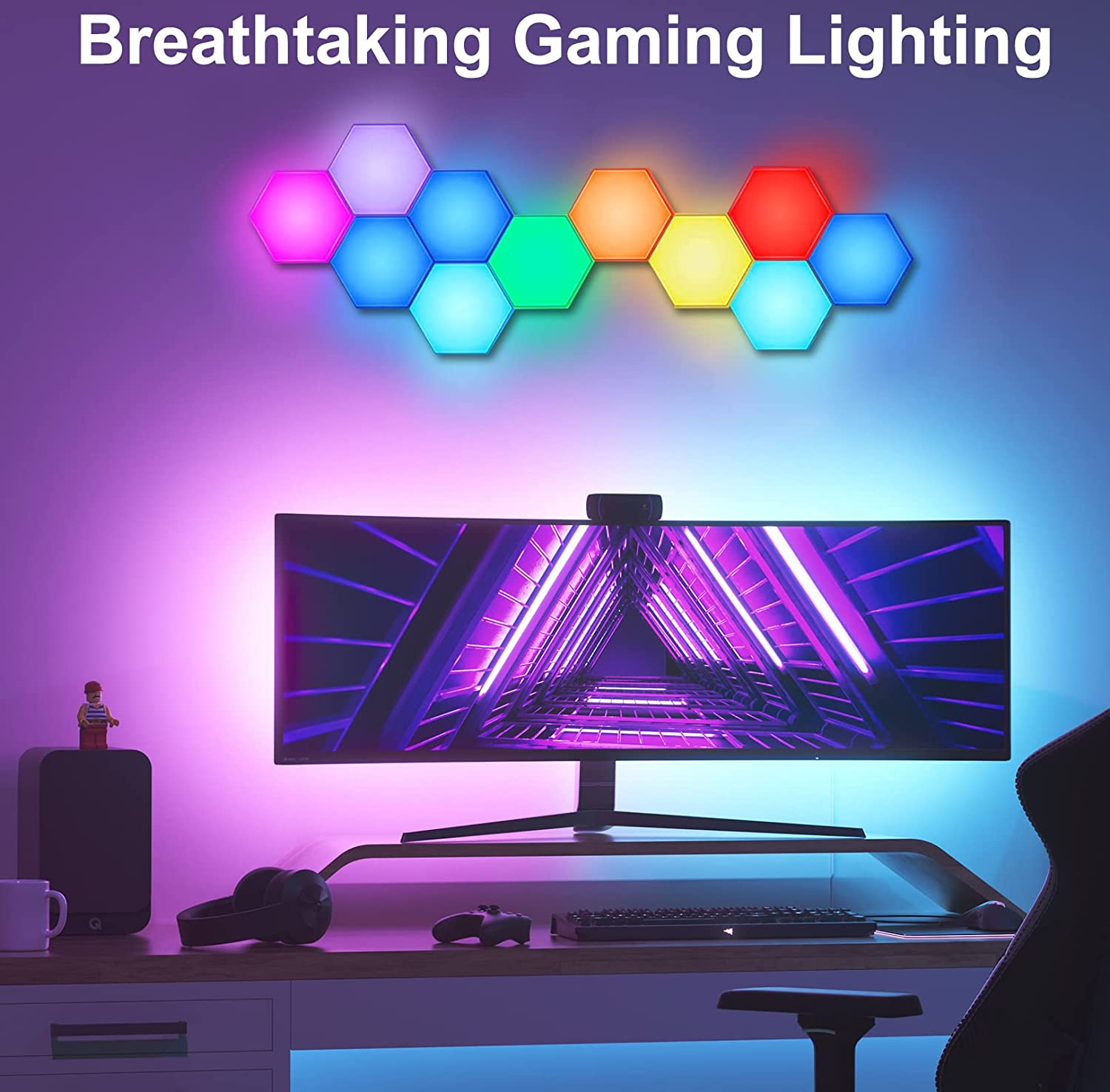 Smart Bluetooth APP RGB LED Hexagon Wall Lights Music Sync Voice Control Night Light for Gaming Lamp Living Room Bedroom Decor