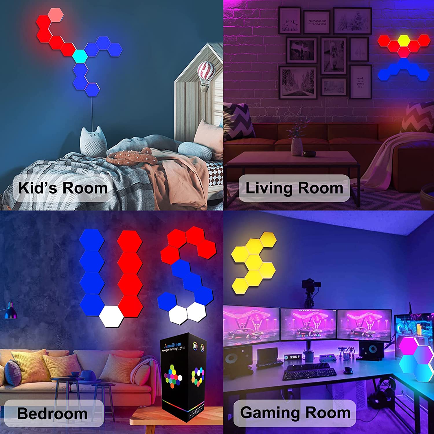 Smart Bluetooth APP RGB LED Hexagon Wall Lights Music Sync Voice Control Night Light for Gaming Lamp Living Room Bedroom Decor