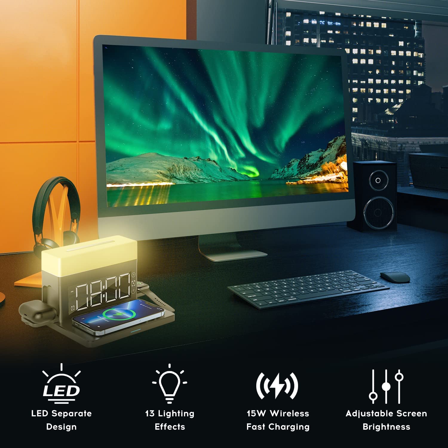 15W Fast Charger Night Light 6 in 1 Wireless Charging Station with Digital Alarm Clock for Bedroom Bedside Decor led Night Lamps