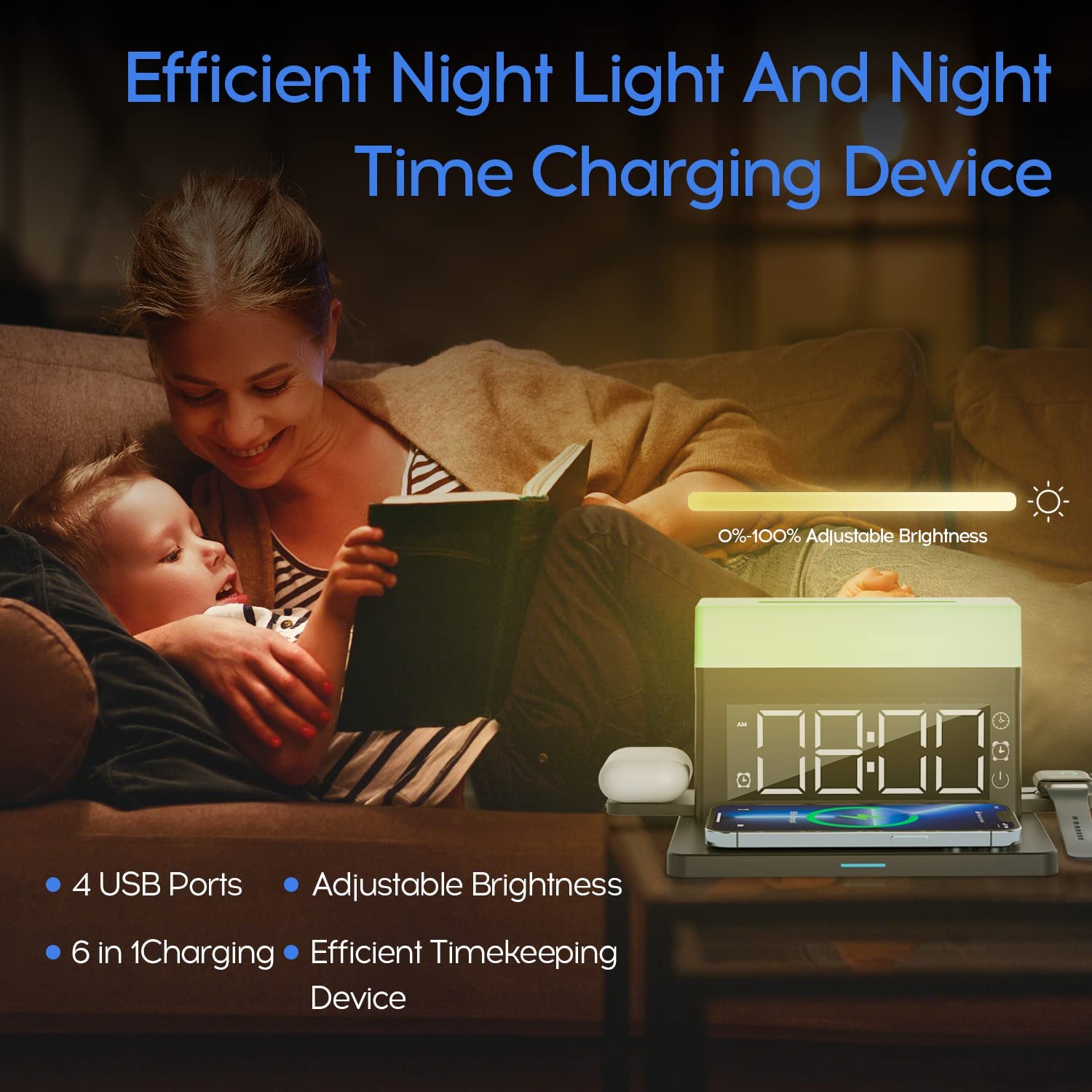15W Fast Charger Night Light 6 in 1 Wireless Charging Station with Digital Alarm Clock for Bedroom Bedside Decor led Night Lamps