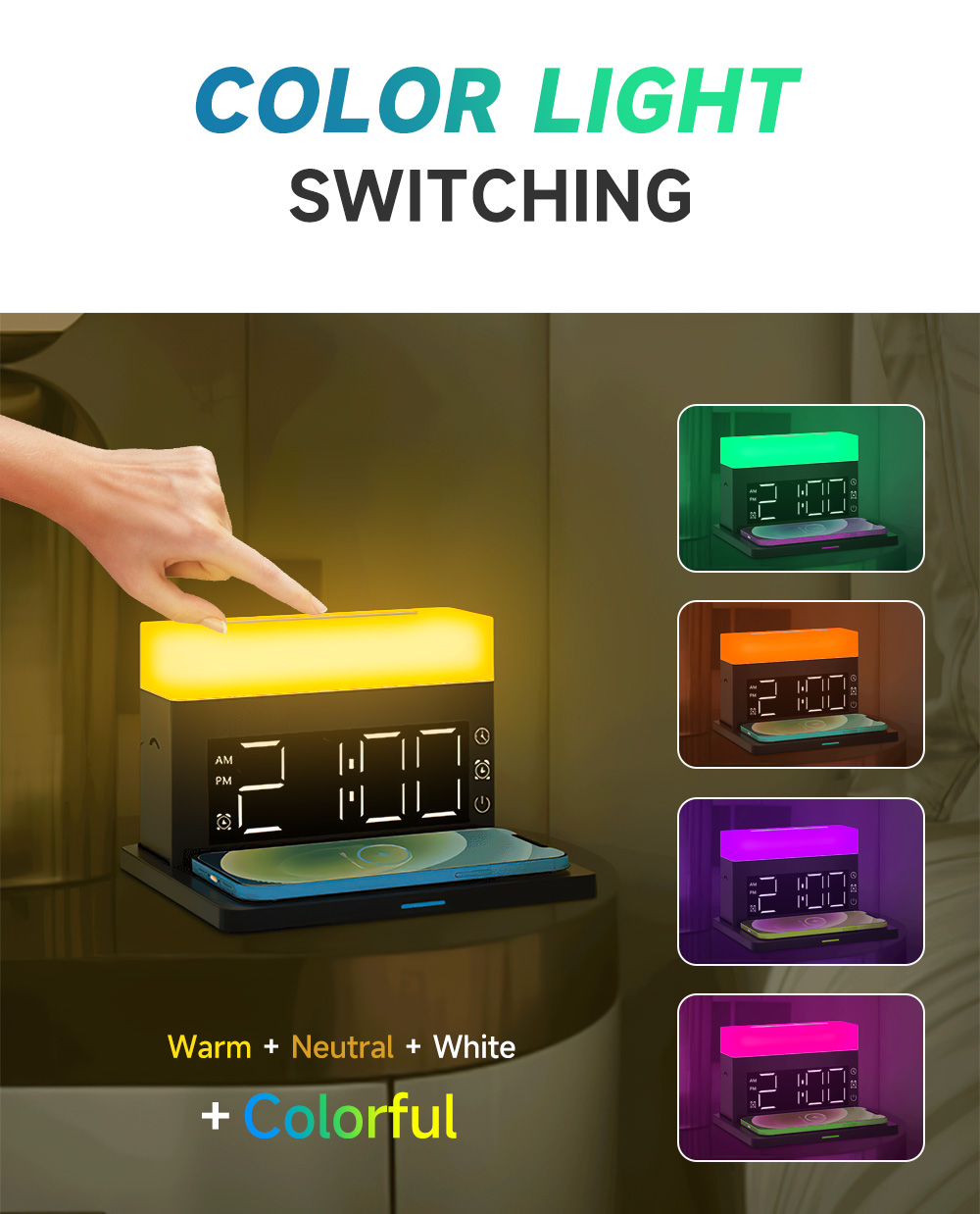 15W Fast Charger Night Light 6 in 1 Wireless Charging Station with Digital Alarm Clock for Bedroom Bedside Decor led Night Lamps