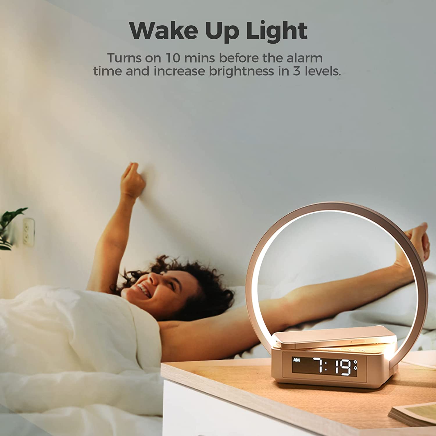 10W Wireless Charging Desk Lamp with Alarm Clock Wake-Up Light Table Lamp Touch Control Nightstand Reading Bedside Home Office