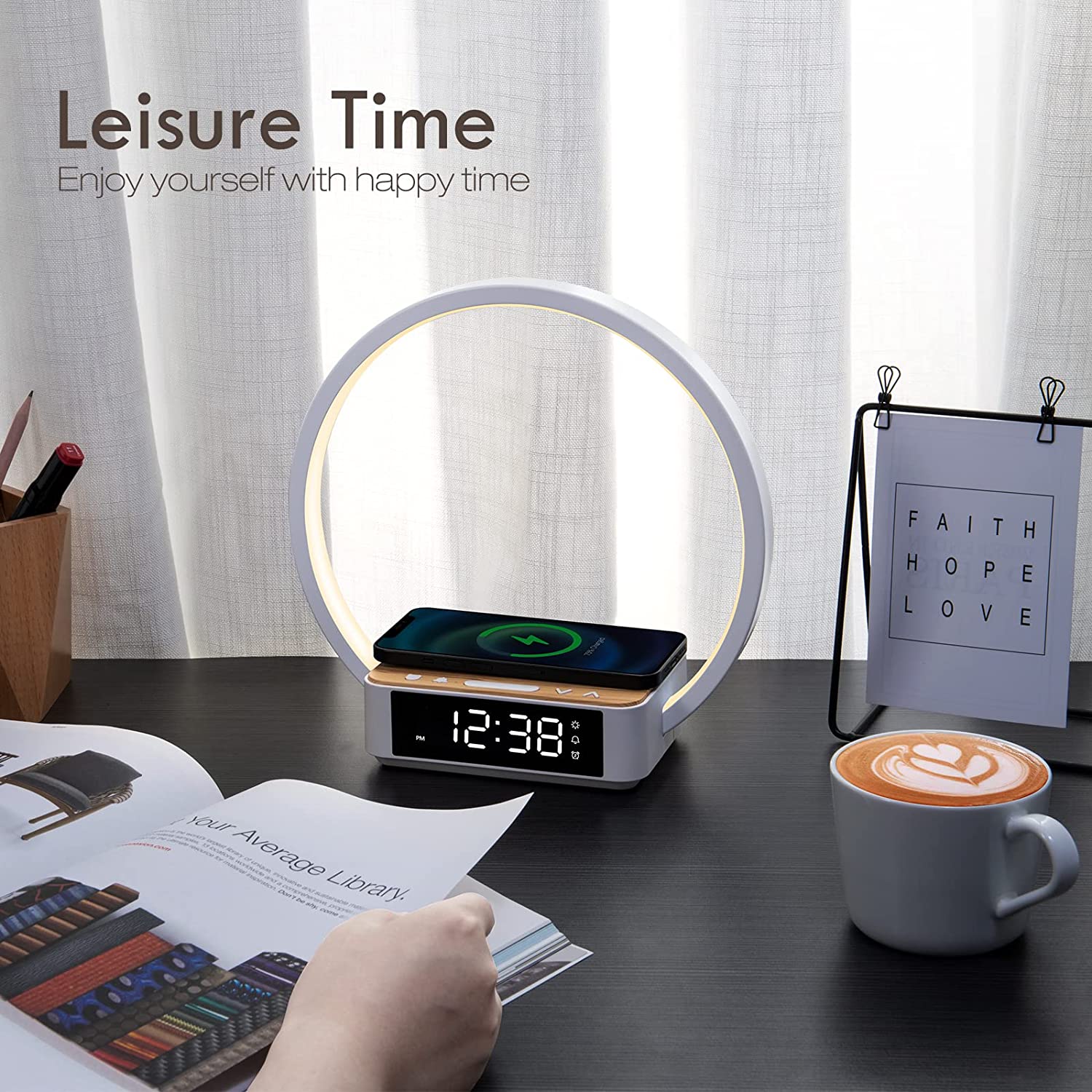 10W Wireless Charging Desk Lamp with Alarm Clock Wake-Up Light Table Lamp Touch Control Nightstand Reading Bedside Home Office