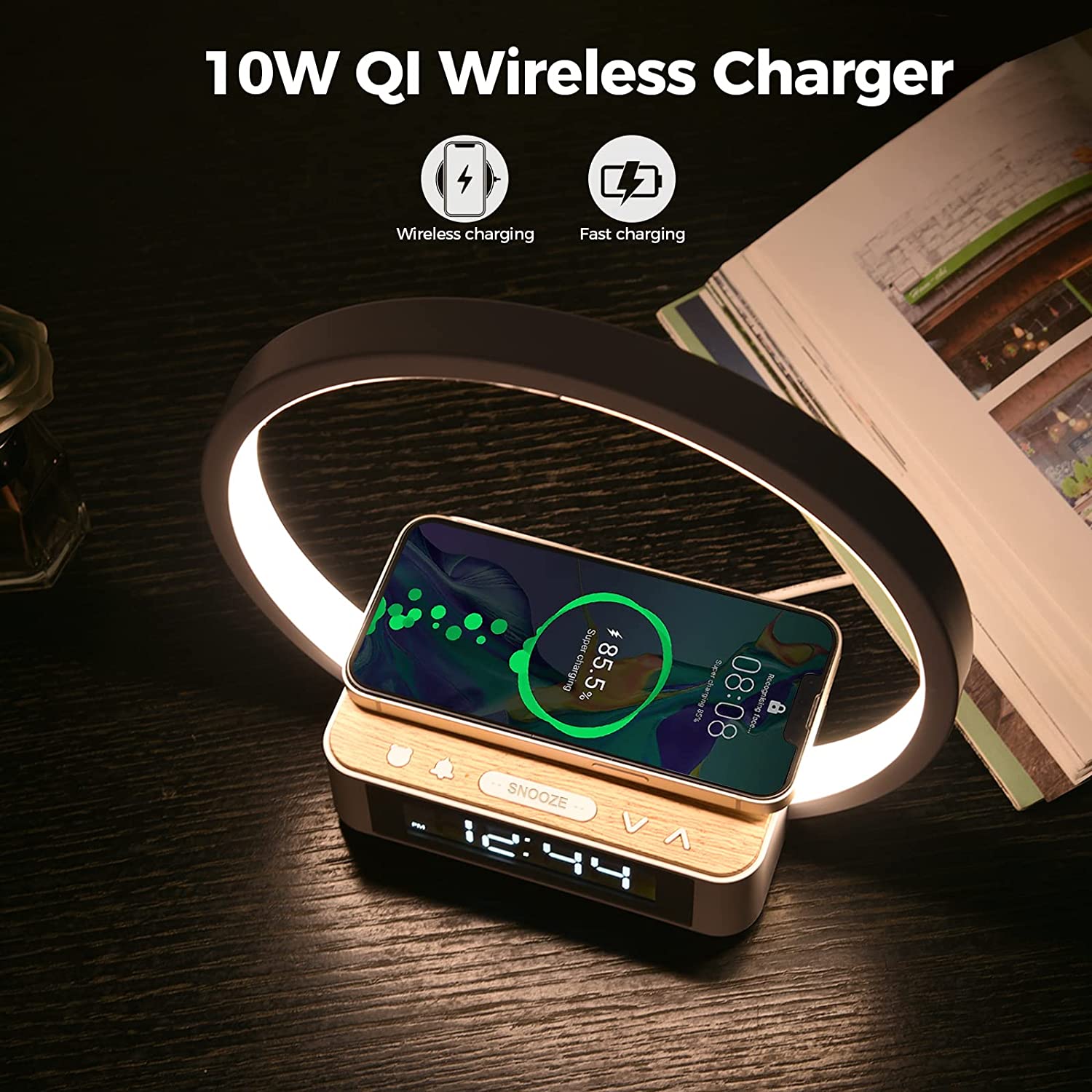 10W Wireless Charging Desk Lamp with Alarm Clock Wake-Up Light Table Lamp Touch Control Nightstand Reading Bedside Home Office