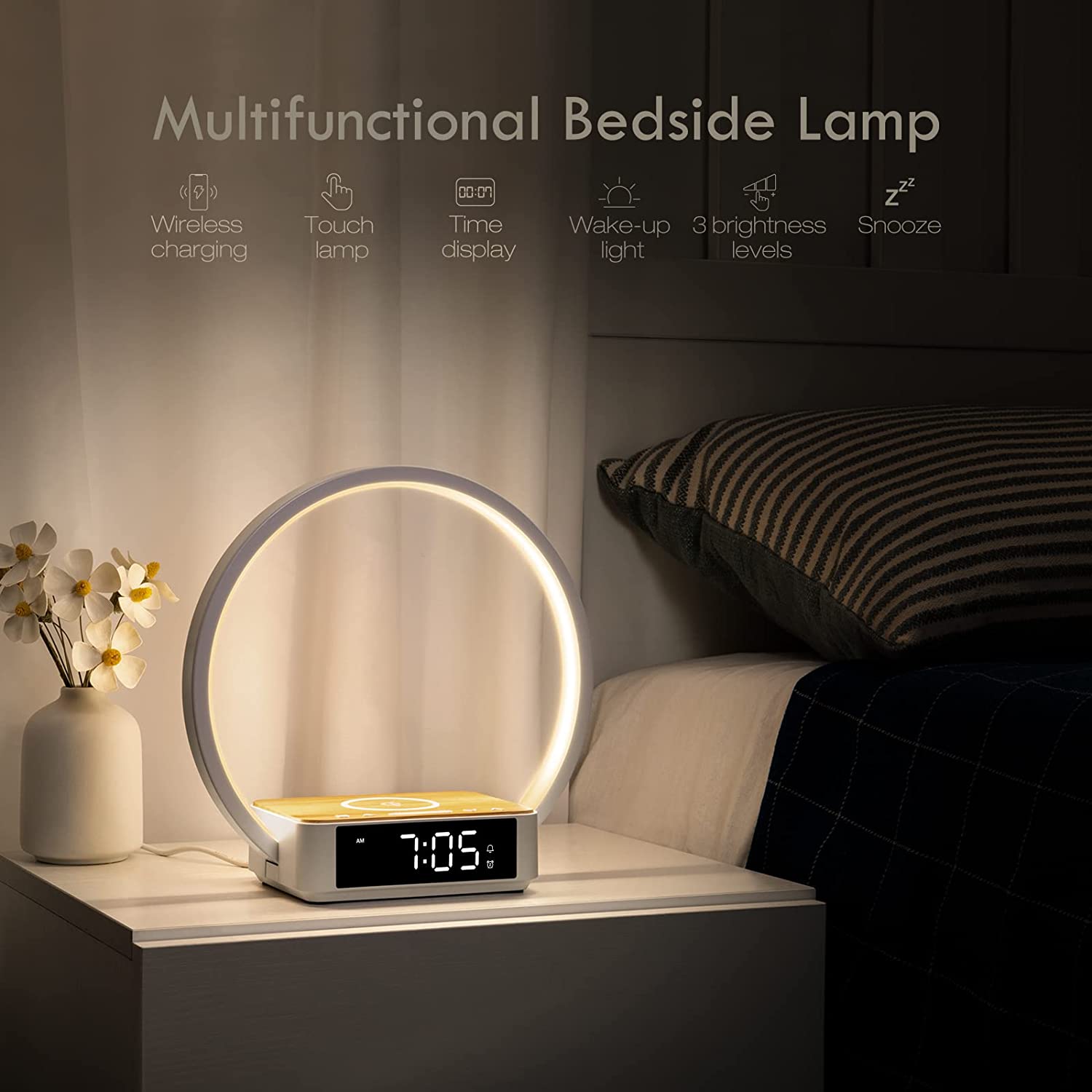 10W Wireless Charging Desk Lamp with Alarm Clock Wake-Up Light Table Lamp Touch Control Nightstand Reading Bedside Home Office