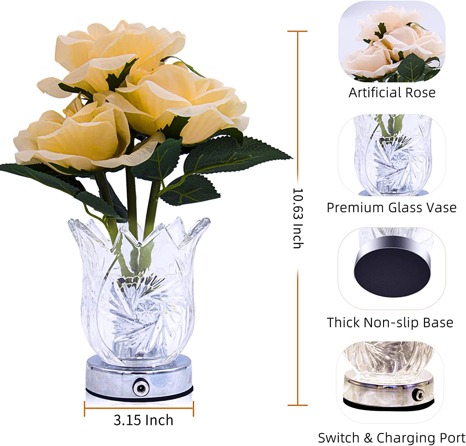 Rose Crystal Flowerpot Lamp Dimming Rechargeable Night Light LED Artificial Flower Night Lights Fake Bouquet Birthday Party Gift