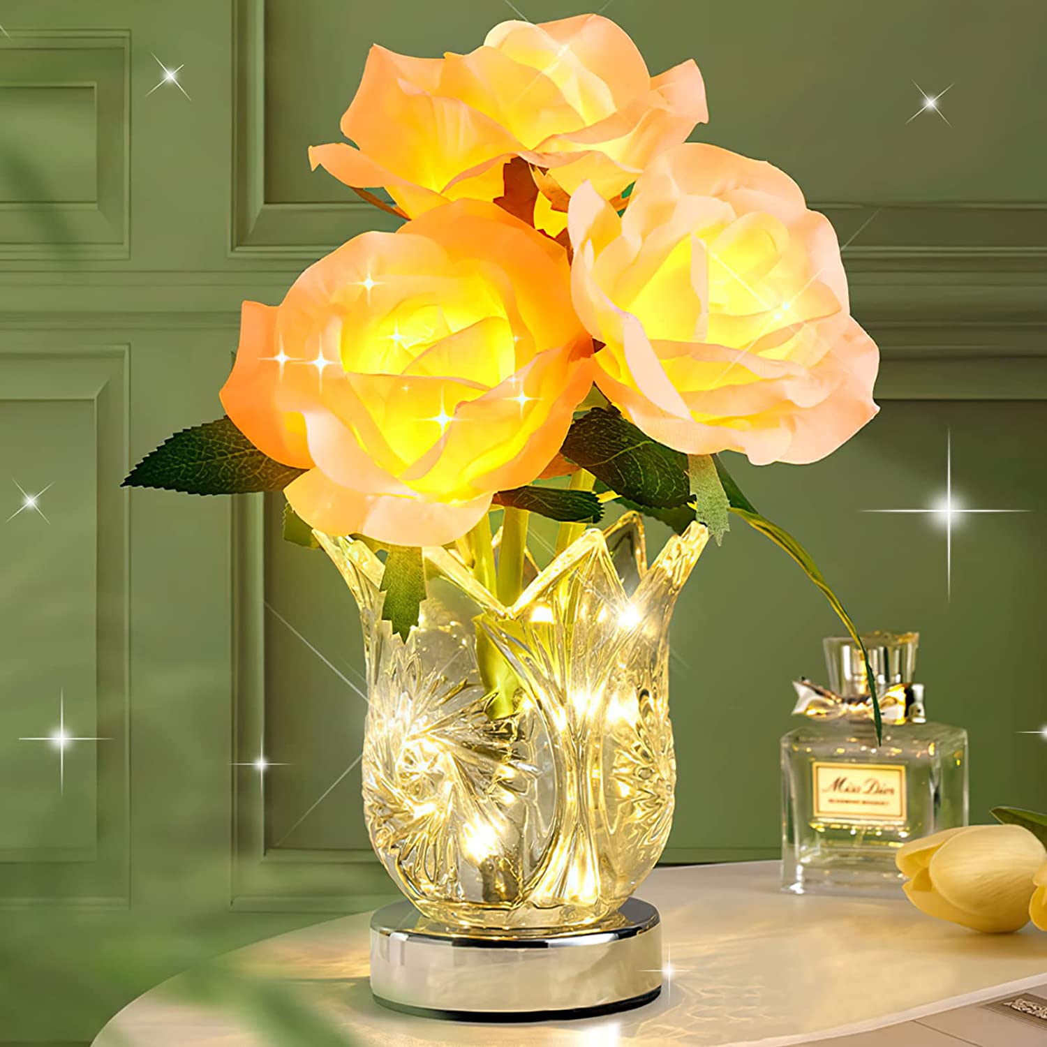 Rose Crystal Flowerpot Lamp Dimming Rechargeable Night Light LED Artificial Flower Night Lights Fake Bouquet Birthday Party Gift
