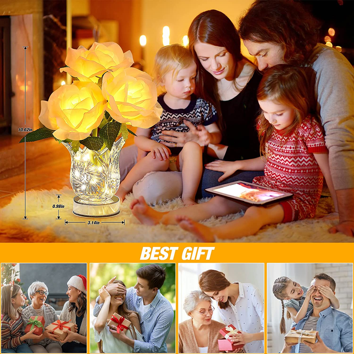 Rose Crystal Flowerpot Lamp Dimming Rechargeable Night Light LED Artificial Flower Night Lights Fake Bouquet Birthday Party Gift