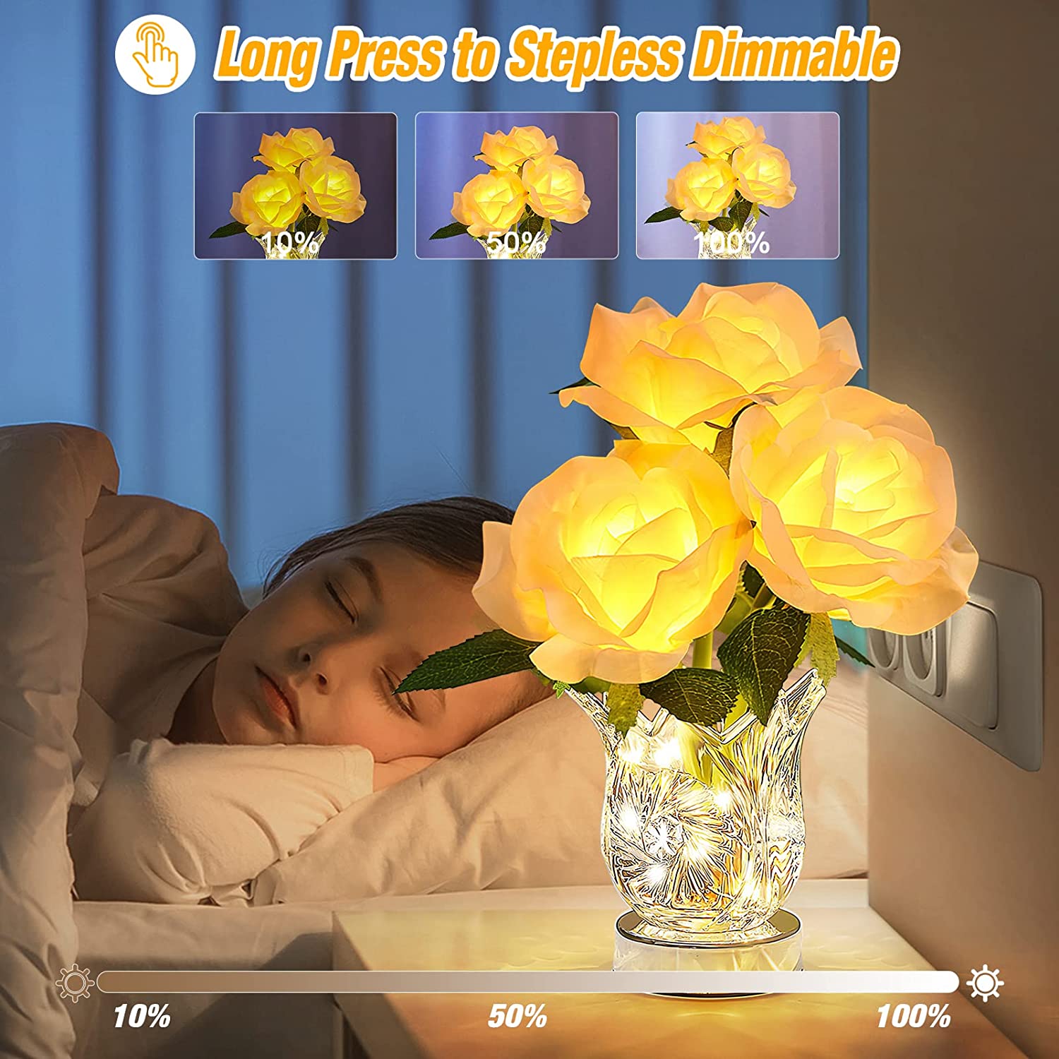 Rose Crystal Flowerpot Lamp Dimming Rechargeable Night Light LED Artificial Flower Night Lights Fake Bouquet Birthday Party Gift