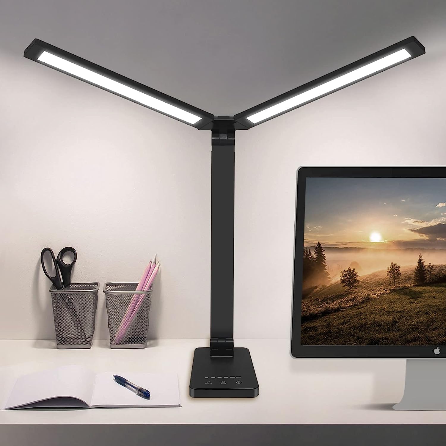LED Double Head Reading Desk Lamp with 10W QI Wireless Charging Touch Control Dimmable Timing Eye Care Table Lamp Bedroom Decor