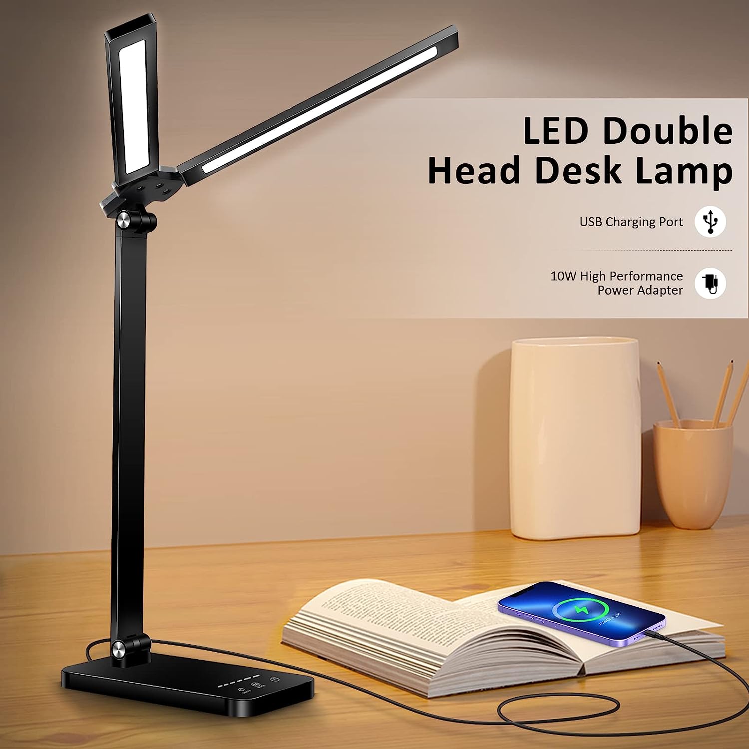 LED Double Head Reading Desk Lamp with 10W QI Wireless Charging Touch Control Dimmable Timing Eye Care Table Lamp Bedroom Decor