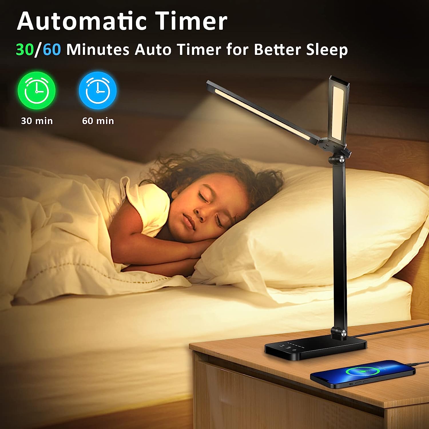 LED Double Head Reading Desk Lamp with 10W QI Wireless Charging Touch Control Dimmable Timing Eye Care Table Lamp Bedroom Decor