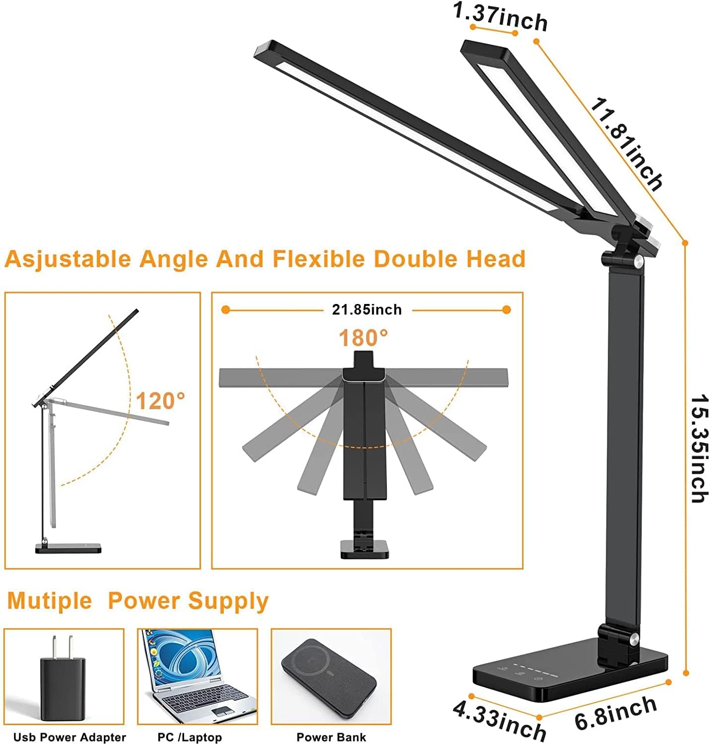 LED Double Head Reading Desk Lamp with 10W QI Wireless Charging Touch Control Dimmable Timing Eye Care Table Lamp Bedroom Decor