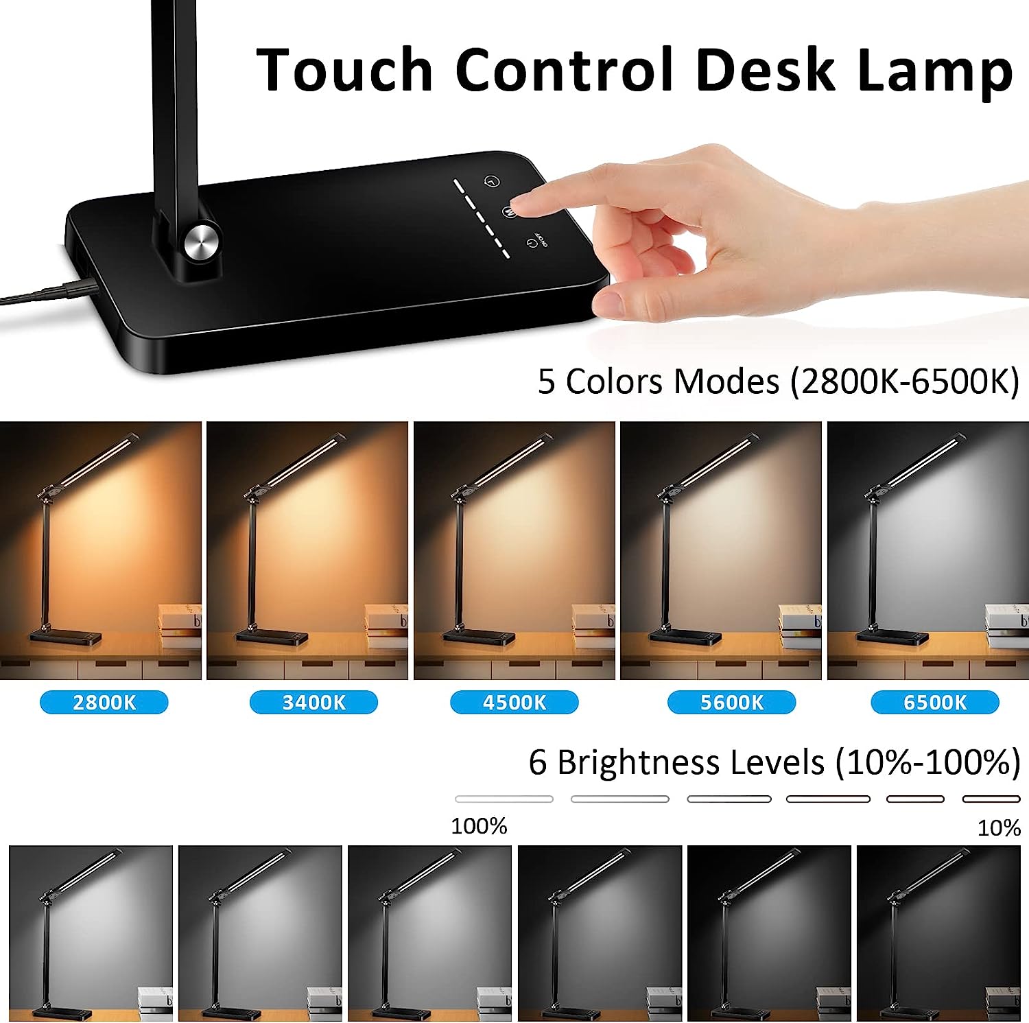 LED Double Head Reading Desk Lamp with 10W QI Wireless Charging Touch Control Dimmable Timing Eye Care Table Lamp Bedroom Decor