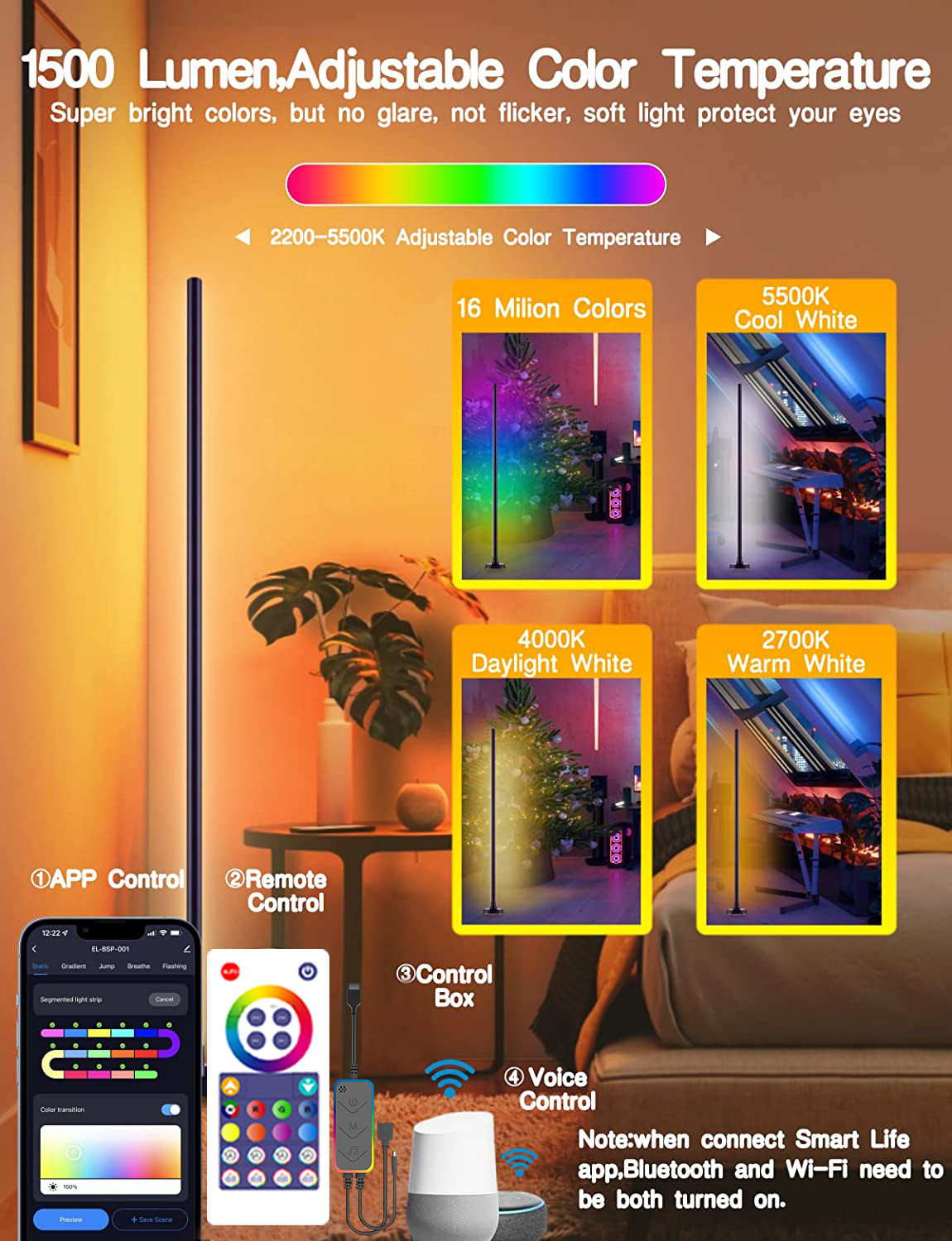 WIFI Intelligent LED Floor Lamp Round Base RGBIC Corner Light with Remote Control App Dimmable for Bedroom Game Room Living Room