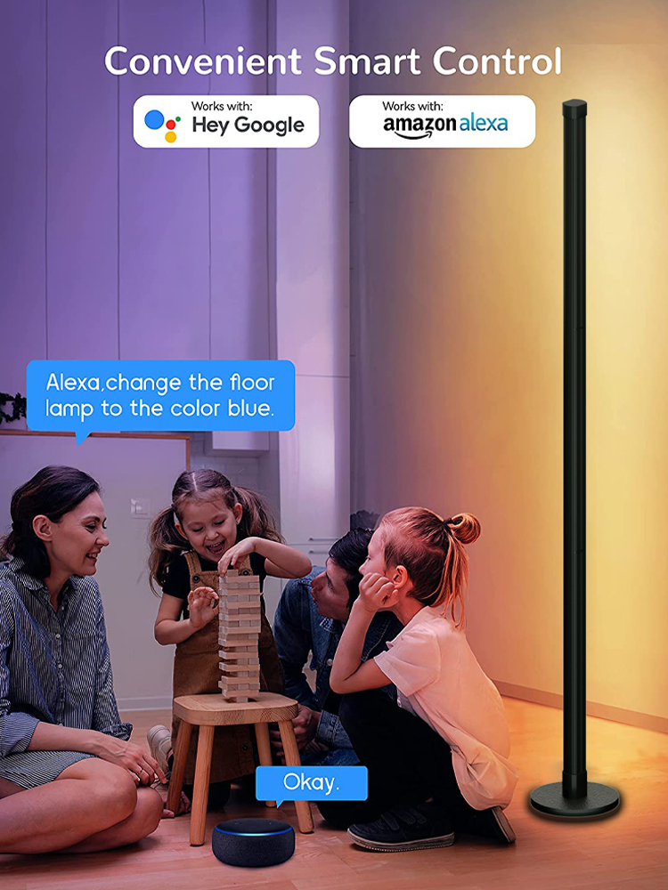 WIFI Intelligent LED Floor Lamp Round Base RGBIC Corner Light with Remote Control App Dimmable for Bedroom Game Room Living Room