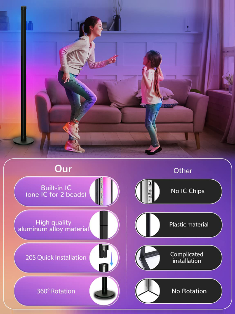 WIFI Intelligent LED Floor Lamp Round Base RGBIC Corner Light with Remote Control App Dimmable for Bedroom Game Room Living Room