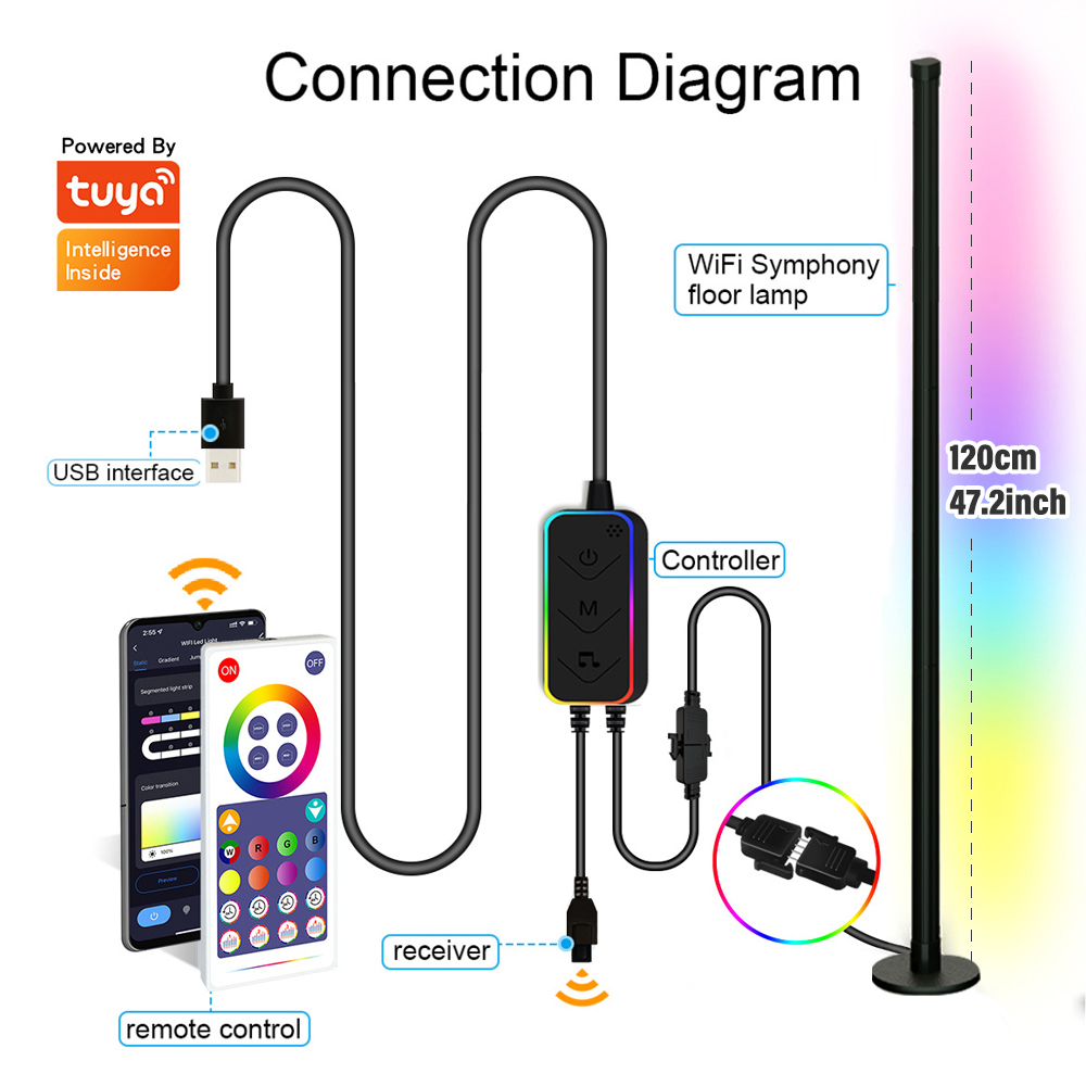 WIFI Intelligent LED Floor Lamp Round Base RGBIC Corner Light with Remote Control App Dimmable for Bedroom Game Room Living Room