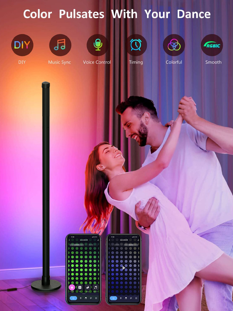 WIFI Intelligent LED Floor Lamp Round Base RGBIC Corner Light with Remote Control App Dimmable for Bedroom Game Room Living Room