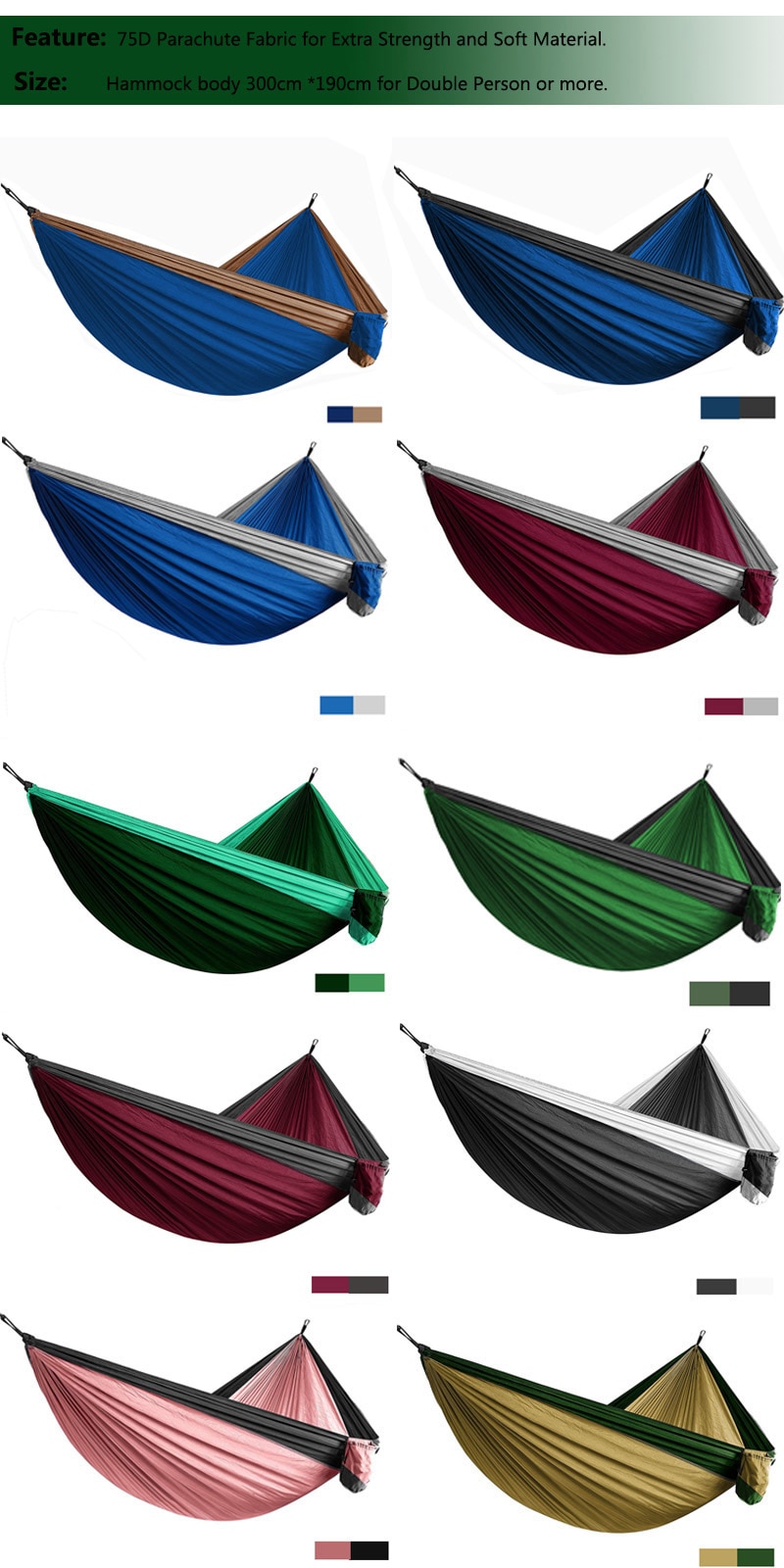Solid Color Parachute Hammock with Hammock straps and upgrade carabiner Camping Survival travel Double Person outdoor furniture
