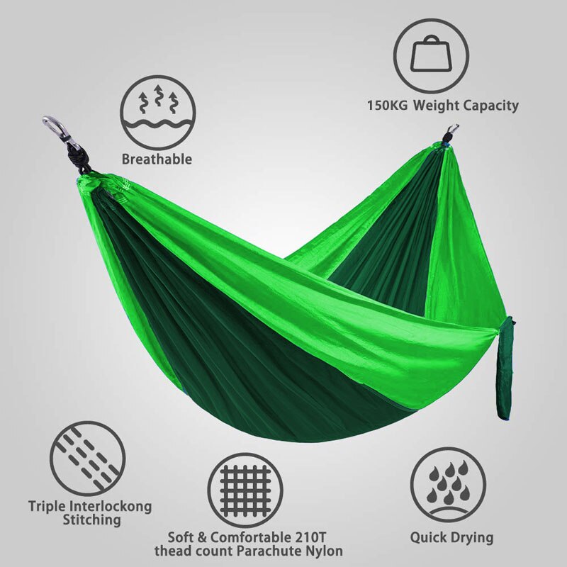 210T Nylon Parachute Hammock Light Weight Outdoor Camping Portable Single Hammock with hammock ropes and hammock carabiners