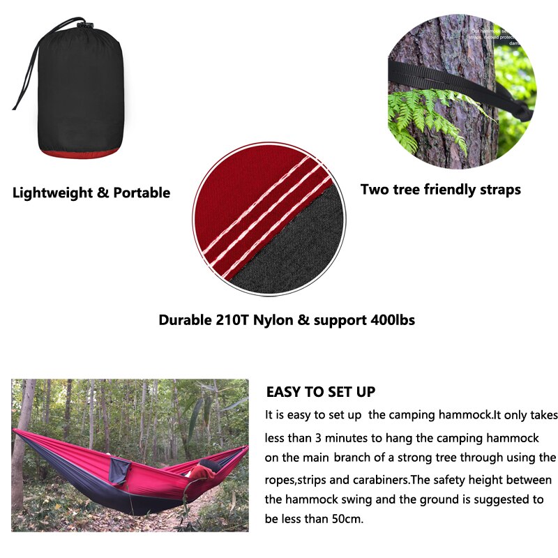 210T Nylon Parachute Hammock Light Weight Outdoor Camping Portable Single Hammock with hammock ropes and hammock carabiners