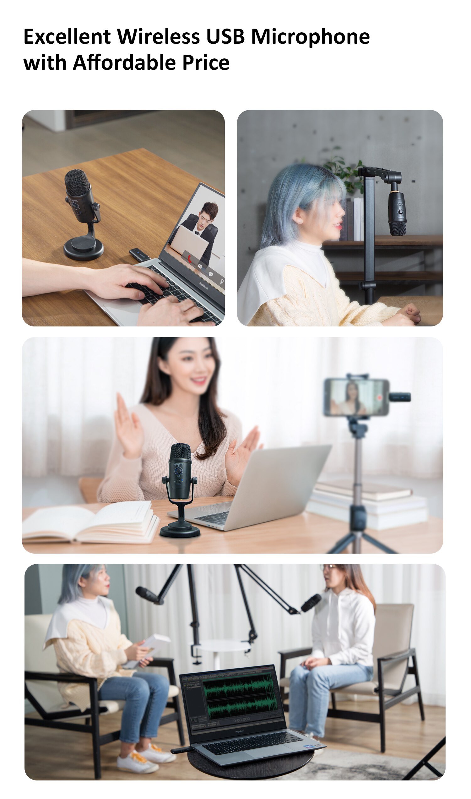 BOYA USB Condenser Wireless Microphone BY-PM500W Professional Mic for PC Laptop Streaming Recording Vocals Voice Gaming Metting