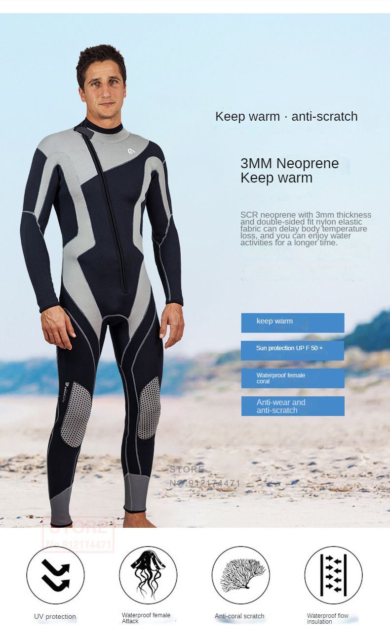 3MM Neoprene Wetsuit Men Surf Swimming Suit Kayak Jet Ski Surfing Spearfishing Scuba Diving Suit Water Sports Snorkeling Wetsuit