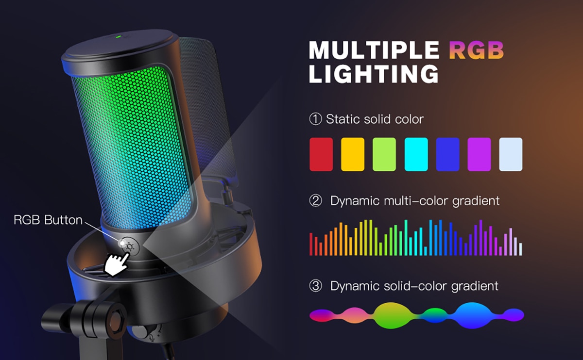 FIFINE USB Microphone for Recording and Streaming on PC and Mac,Headphone Output and Touch-Mute Button,Mic with 3 RGB Modes -A8