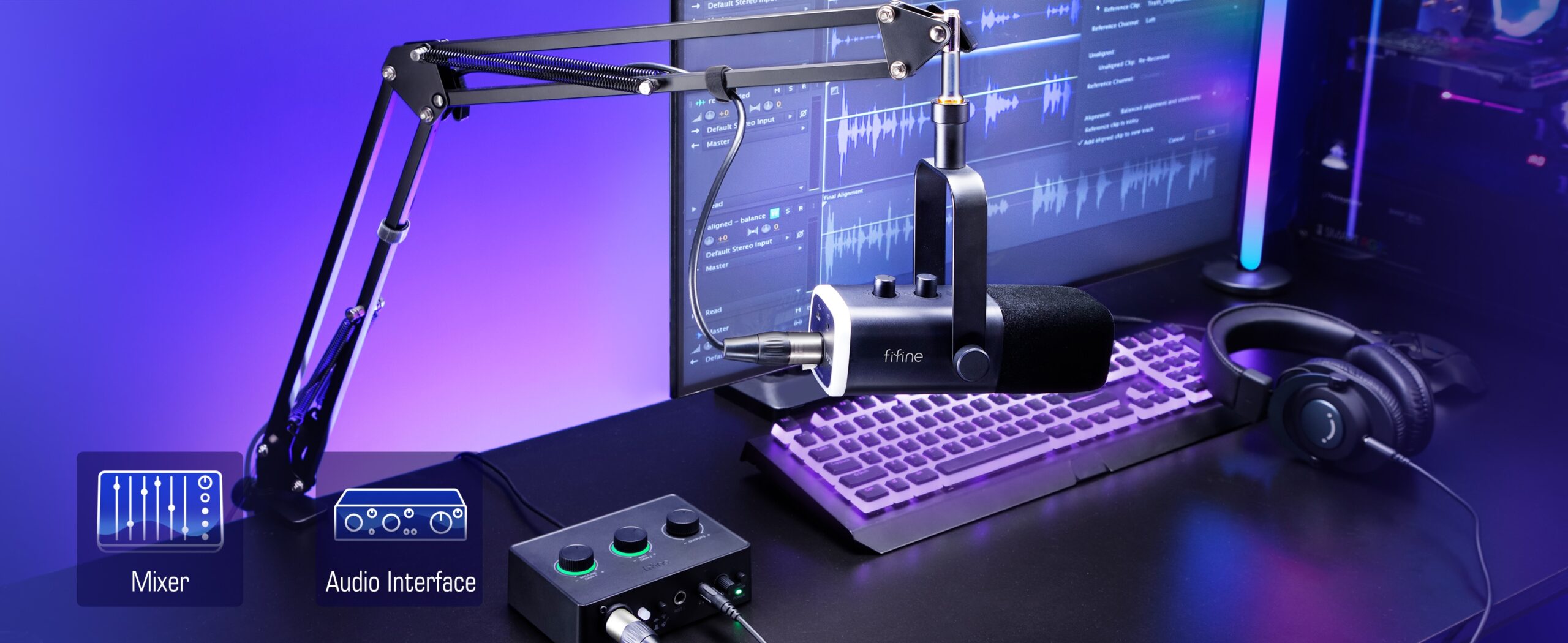 FIFINE XLR/USB Gaming Microphone Kit with Headphone Jack/Mute/RGB /Arm Stand,Dynamic Mic Set for PC PS5/4 Mixer AmpliGame AM8T