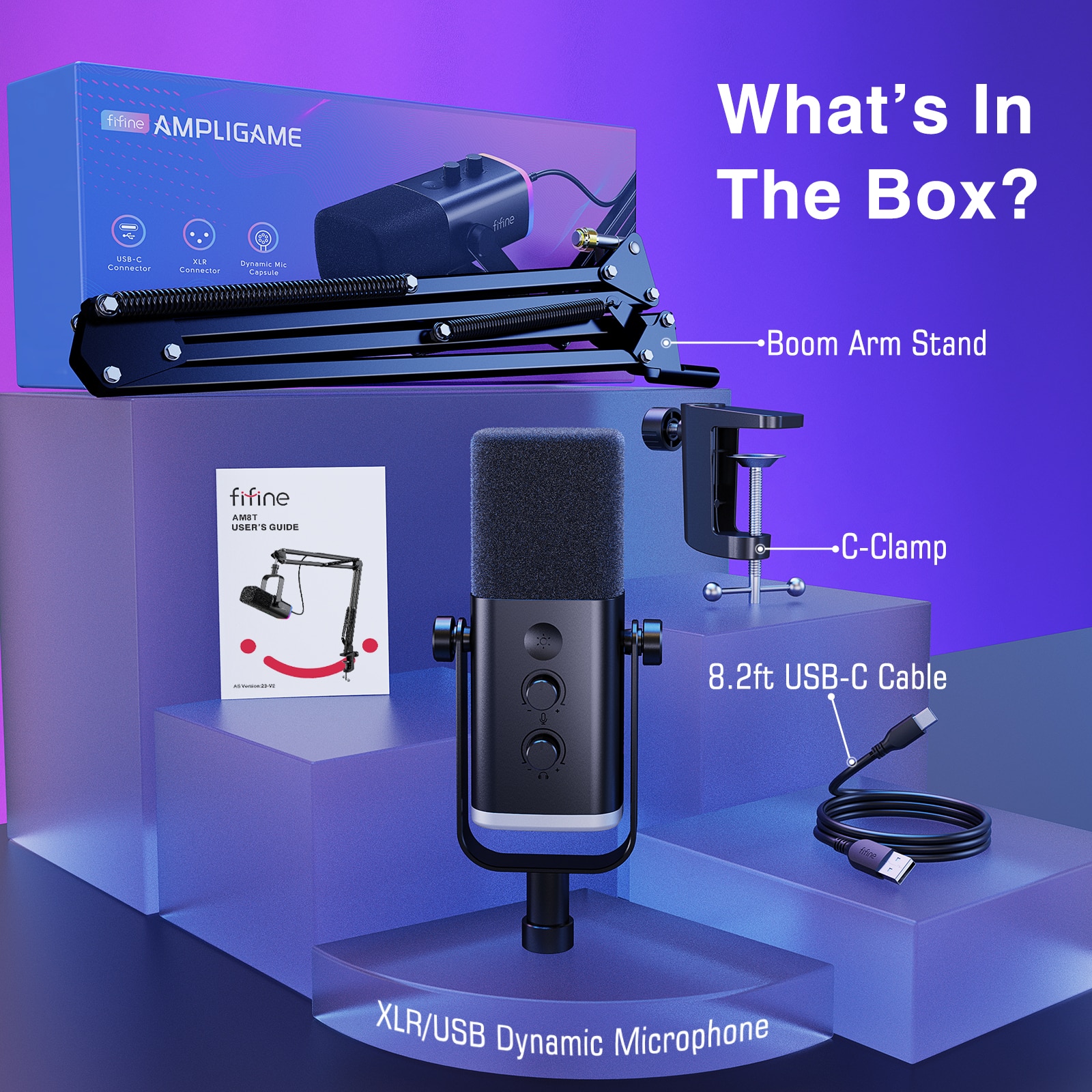 FIFINE XLR/USB Gaming Microphone Kit with Headphone Jack/Mute/RGB /Arm Stand,Dynamic Mic Set for PC PS5/4 Mixer AmpliGame AM8T