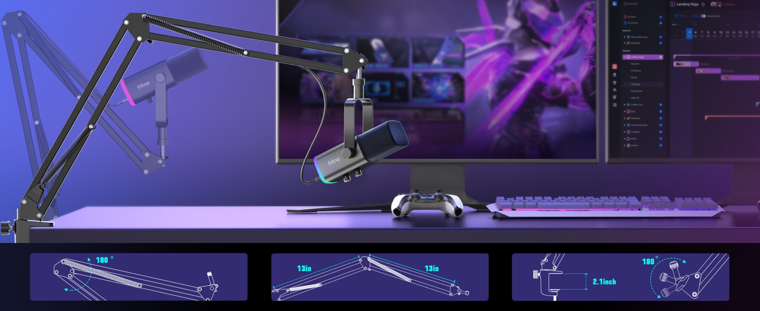 FIFINE XLR/USB Gaming Microphone Kit with Headphone Jack/Mute/RGB /Arm Stand,Dynamic Mic Set for PC PS5/4 Mixer AmpliGame AM8T