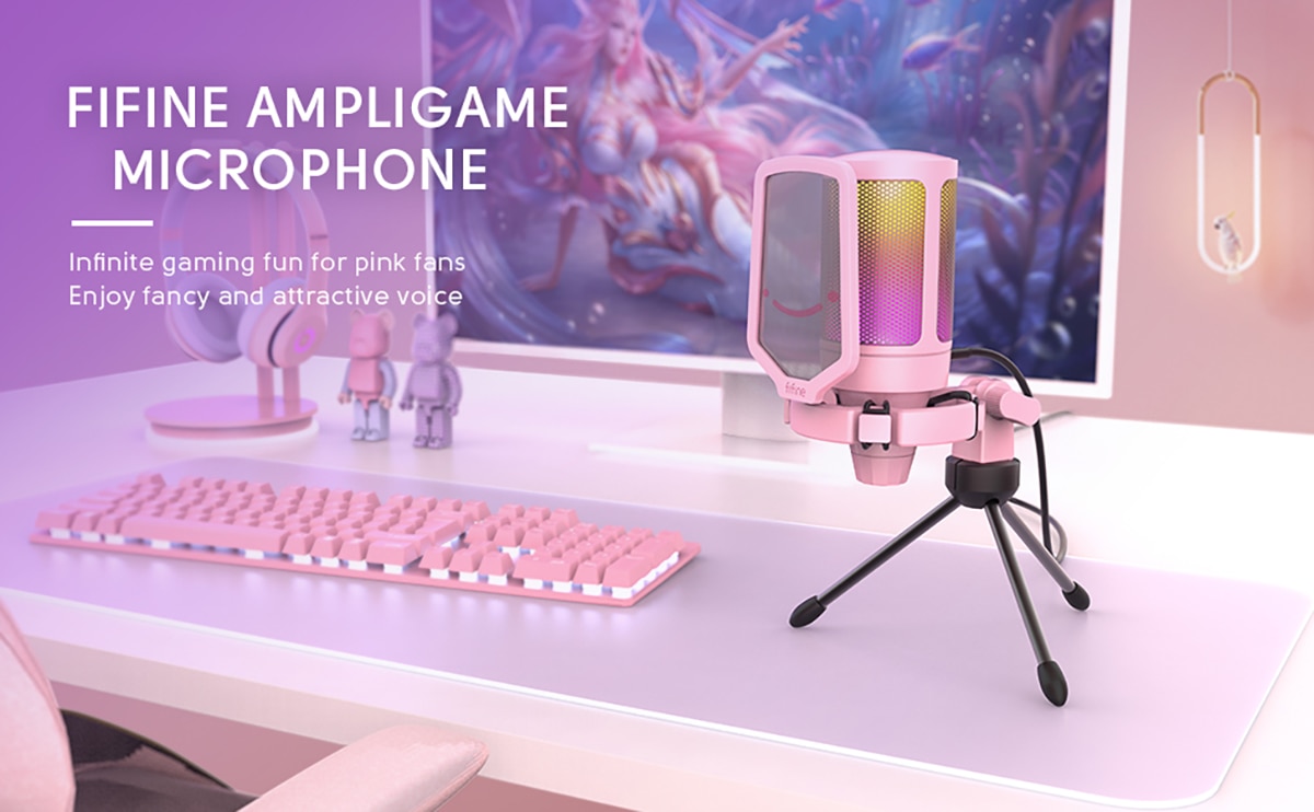 FIFINE USB Gaming PC Microphone for Streaming Podcasts,AmpliGame RGB Computer Condenser Desktop Mic for studio/Video-Pink