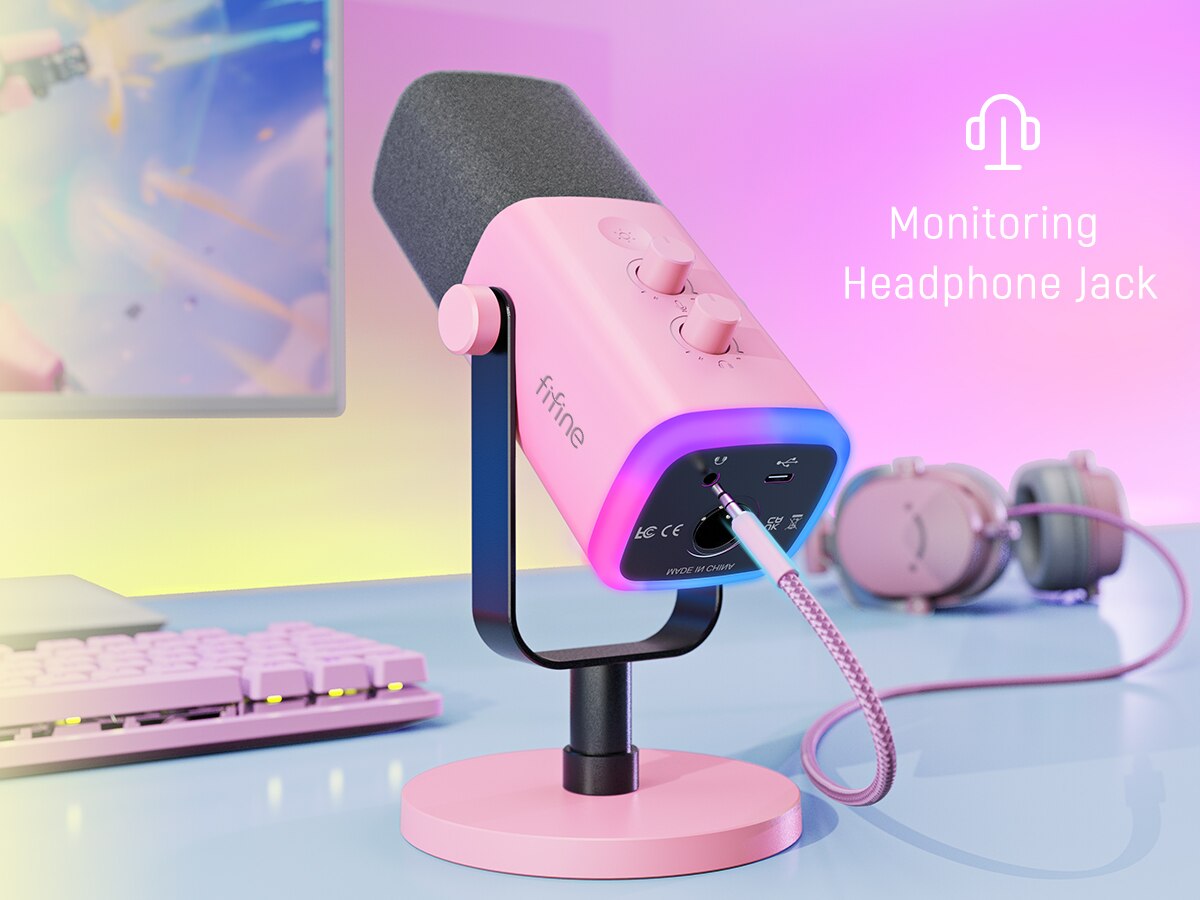 FIFINE USB/XLR Dynamic Microphone with RGB Control/Headphone Jack/Mute,MIC for PC Gaming YouTube Live-Streaming AmpliGame-AM8P