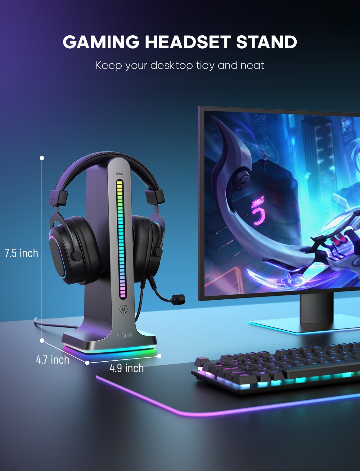 FIFINE RGB Headphone Stand,with Power Strip 2 in1,USB Headset Holder for Gaming Headphone/Bluetooth Headphone-Ampligame S3