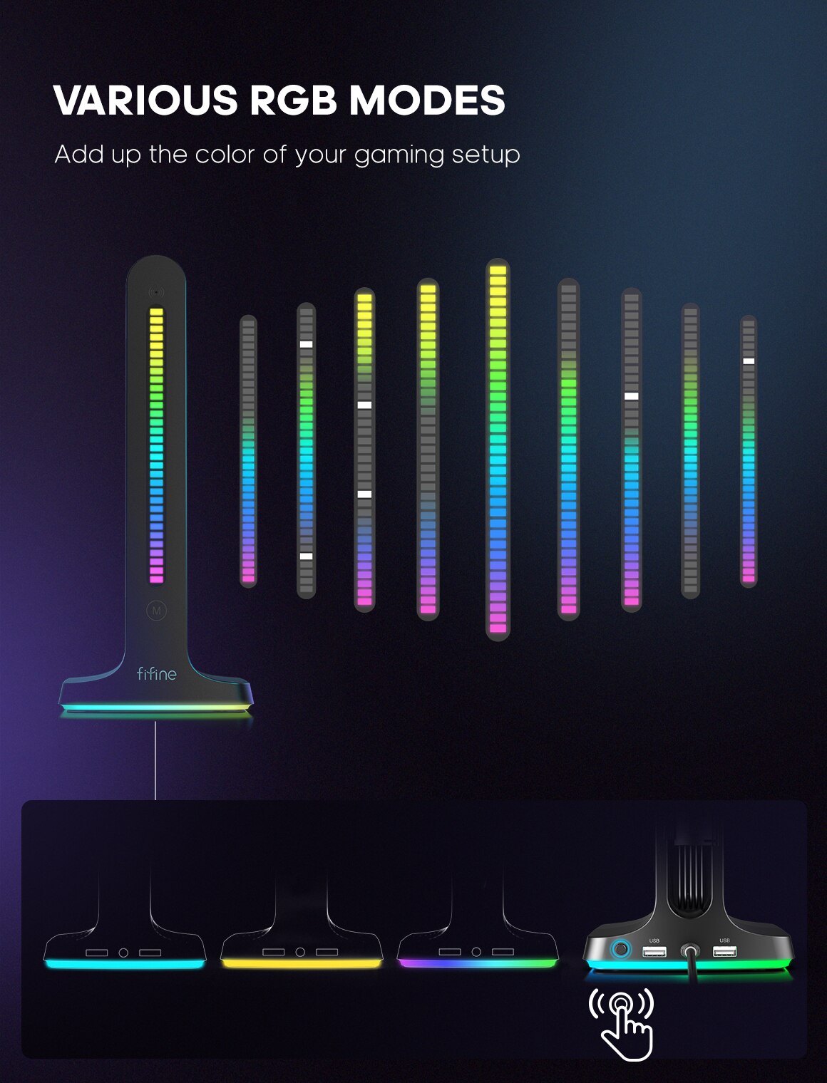 FIFINE RGB Headphone Stand,with Power Strip 2 in1,USB Headset Holder for Gaming Headphone/Bluetooth Headphone-Ampligame S3