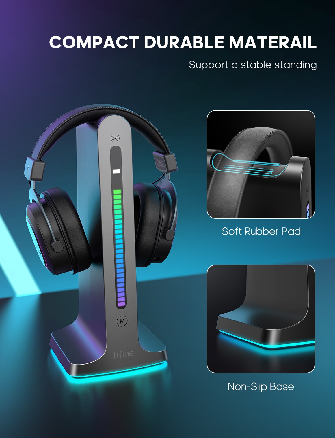 FIFINE RGB Headphone Stand,with Power Strip 2 in1,USB Headset Holder for Gaming Headphone/Bluetooth Headphone-Ampligame S3