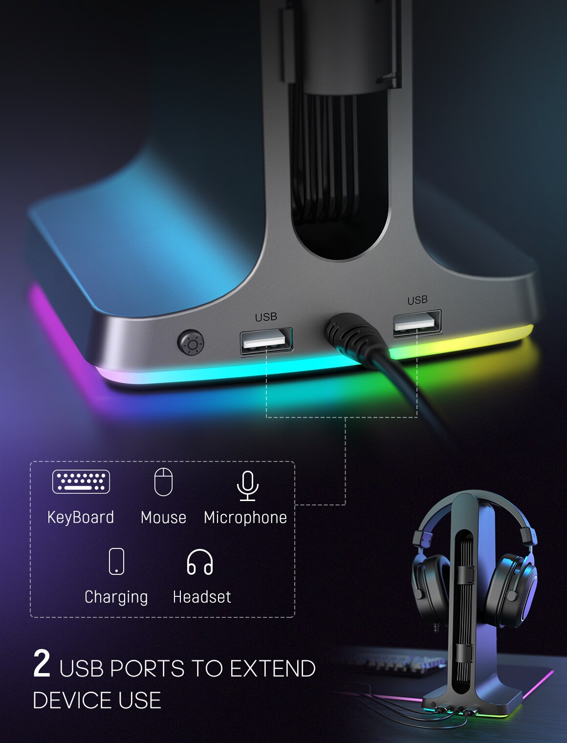 FIFINE RGB Headphone Stand,with Power Strip 2 in1,USB Headset Holder for Gaming Headphone/Bluetooth Headphone-Ampligame S3