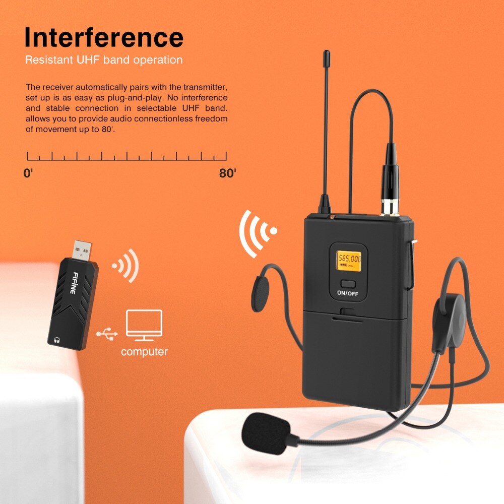 Fifine Wireless Lavalier Microphone for PC & Mac, Condenser Microphone with USB Receiver for Interview, Recording & Podcast