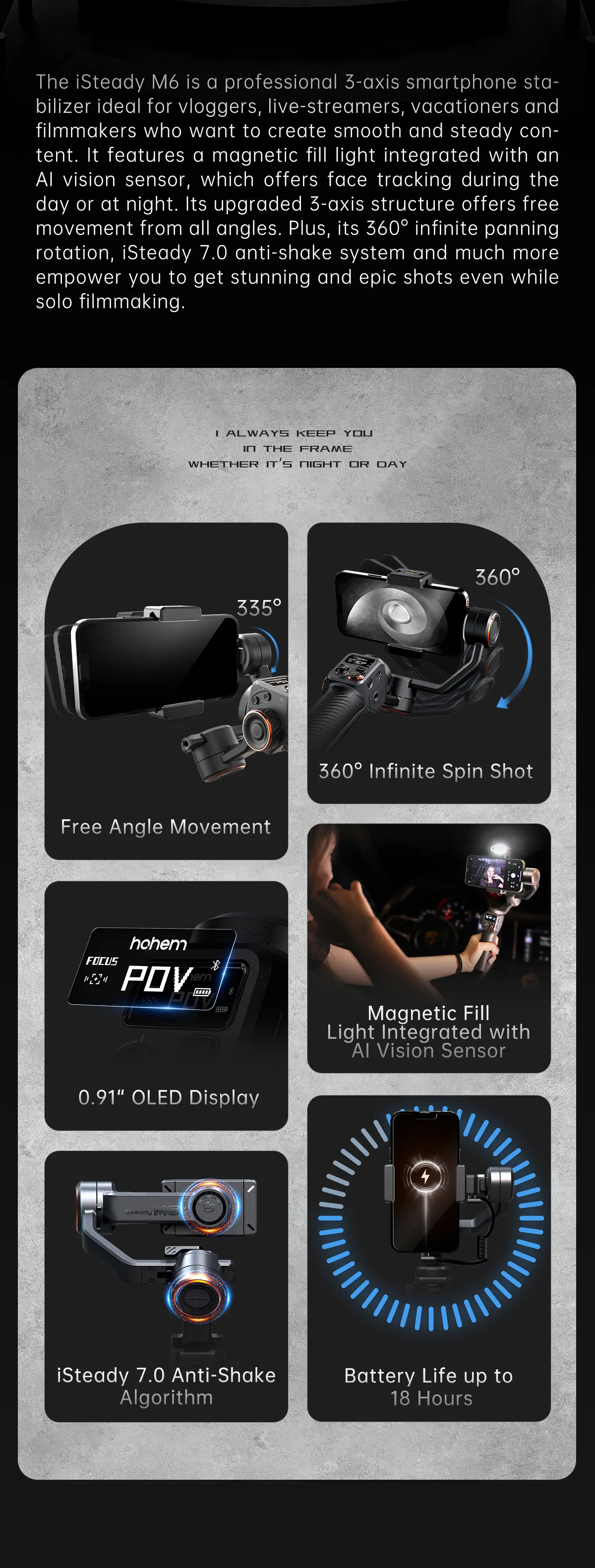 Hohem isteady m6 handheld cardan estabilizador selfie trip&eacute; para smartphone com luz de preenchimento magn&eacute;tico ai v&iacute;deo em cores vlogging