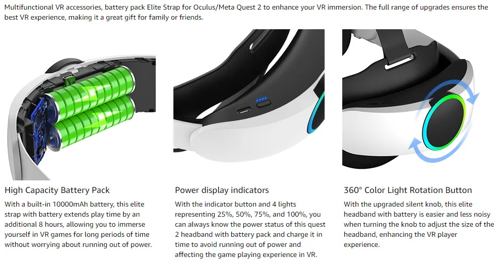 Adjustable Battery Head Strap for Oculus Quest 2 VR Headset Elite Strap 10000mAh Power Bank for Oculus Quest 2 Accessories